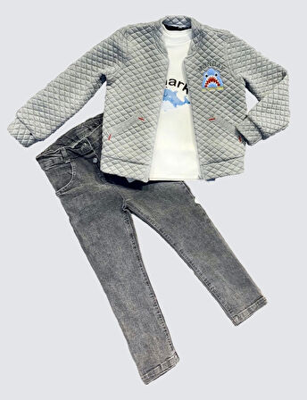 4-5-6 Yaş Kot Pantolonlu Pilot Mont Uzun Kollu Penye Sweat 3lü Erkek Çocuk Takımı Gri