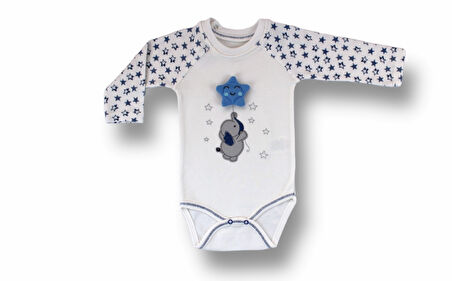 3-6 6-9 9-12 Ay Kutup Yıldızı Nakışlı Bandajlı Uzun Kollu Zıbınlı 3lü Erkek Bebek Takımı Ekru