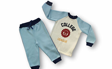 9-12 12-18 18-24 24-36 Ay College Baskılı 3 İplik Kumaş Uzun Kollu Sweatli 2li Erkek Bebek Takımı Mavi