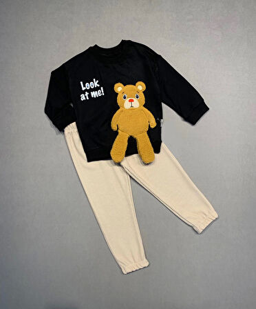 2-3-4 Yaş Ayıcık Sallanan Ayak Desenli Likra Penye Kumaş Sweat Pantolonlu Kız Erkek 2li Çocuk Takımı Siyah