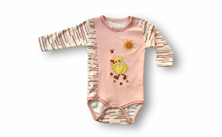 3-6 6-9 9-12 Ay Süslü Ördek Nakışlı Şapkalı Uzun Kollu Zıbınlı 3lü Kız Bebek Takımı Pembe