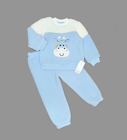 1-2-3 Yaş Ponponlu Zürafa Desenli Kuzu Kumaş Uzun Kollu 2li Kız Erkek Çocuk Takımı Mavi