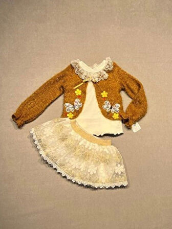 1-2-3 Yaş Brode Etekli Örme Hırkalı Uzun Kollu Sweat 3lü Kız Çocuk Takımı Hardal