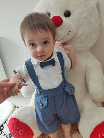 9-12-18-24 Ay Papyonlu Gömlek 2li Erkek Bebek Salopet Takımı İndigo
