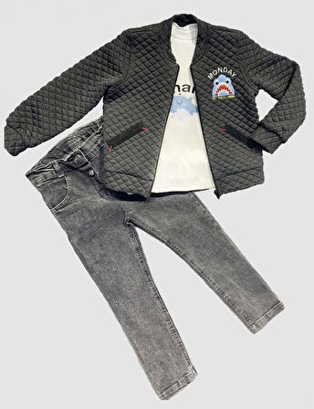 4-5-6 Yaş Kot Pantolonlu Pilot Mont Uzun Kollu Penye Sweat 3lü Erkek Çocuk Takımı Füme