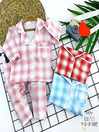 9-12-18-24 Ay Düğme Kapamalı Ekose Desenli 2li Kız Erkek Bebek Pijama Takımı Mavi