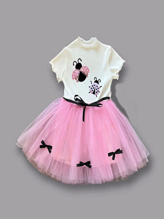 1-2-3 Yaş Uğur Böceği Nakışlı Kurdela Kuşak Kız Çocuk Elbisesi Pembe-ekru