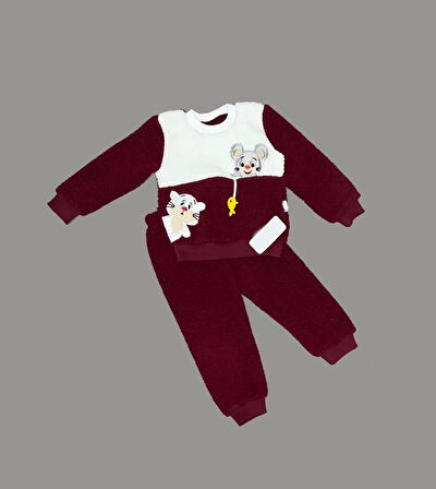 1-2-3 Yaş Sallanan Balık Nakışlı Kuzu Kumaş Sweat Pantolon Uzun Kollu Kız Erkek 2 Li Takımı Bordo
