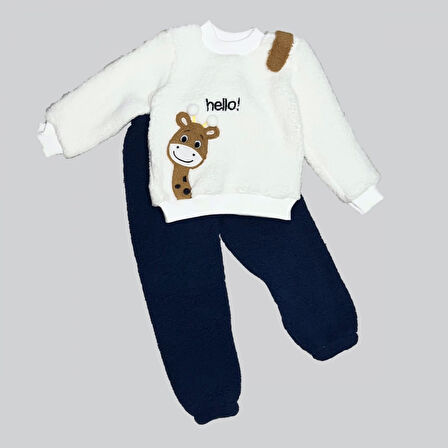 1-2-3 Yaş Hello Zürafa Nakışlı Kuzu Kumaş Sweat Pantolon Uzun Kollu Kız Erkek 2 Li Takımı Lacivert