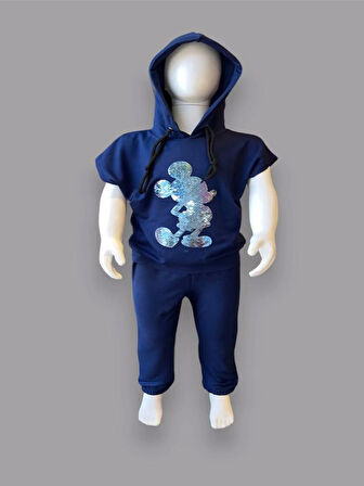 3-4-5 Yaş Kapşonlu Payetli Mickey Desenli Kısa Kol 2li Kız Erkek Çocuk Takımı Lacivert