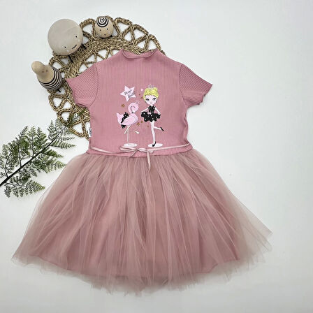 5-6-7 Yaş Flamingo Balerin Kız Baskılı Kurdela Kuşaklı Astarlı Kız Çocuk Tütü Elbise Gül Kurusu