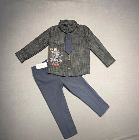 3-4-5 Yaş Kravatlı Keten Gömlek Gabardin Pantolon Uzun Kollu 3lü Erkek Çocuk Takımı Füme