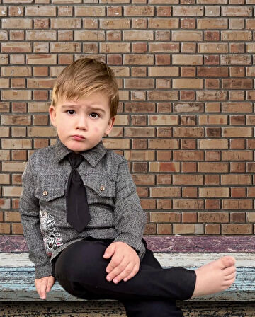 3-4-5 Yaş Kravatlı Keten Gömlek Gabardin Pantolon Uzun Kollu 3lü Erkek Çocuk Takımı Füme