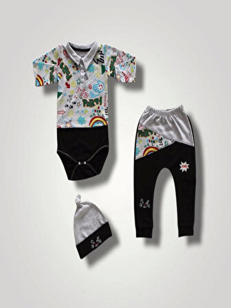 6-9 12-18 18-24 Ay Power Kedi Nakışlı Uzun Kollu Zıbınlı Şapkalı 3lü Kız Erkek Bebek Takımı Siyah