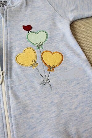 3-6 18-24 24-36 Ay Uçan Balonlar Nakışlı Ef Boy Fermuarlı Erkek Bebek Tulumu Mavi