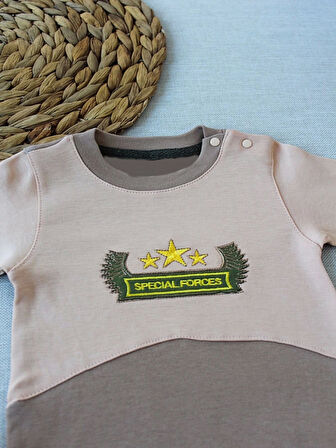 3-6 9-12 12-18 Ay Özel Kuvvetler Nakışlı Bere Şapkalı Kız Erkek Bebek Tulumu Sütlü Kahve