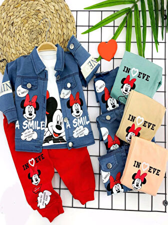 9-12-18-24 Ay Kot Ceketli Bayan Mickey Baskılı 3lü Kız Bebek Takımı Su Yeşili