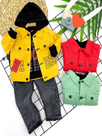 2-3-4-5 Yaş Pantolonlu Sweat Gabardin Ceket Cepli Kot Pantolon 3lü Erkek Bebek Takımı Kırmızı