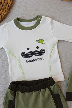 3-6 6-9 9-12 Ay Gentleman Erkek Nakışlı Şapkalı Uzun Kollu Sweat 3lü Erkek Bebek Takımı Yeşil