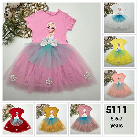 5-6-7 Yaş Elsa Desenli Fiyonklu Tül Etekli Astarlı Kısa Kollu Kız Çocuk Tütü Elbise Pembe