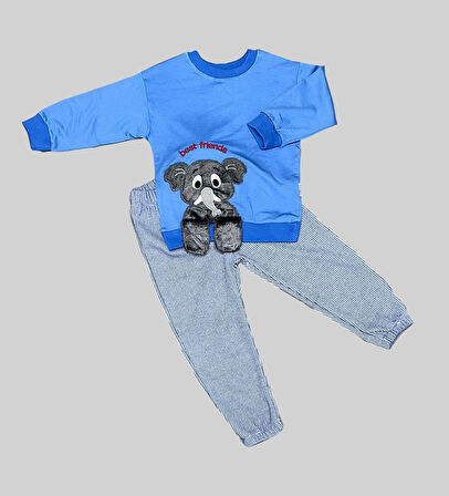 1-2-3 Yaş Filli Sallanan Ayak Desenli Likra Penye Kumaş Sweat Pantolonlu Kız Erkek 2li Çocuk Takımı İndigo