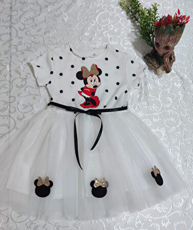 2-3-4 Yaş Puantiyeli Mickey Baskılı Kurdela Kuşaklı Astarlı Kız Bebek Tütü Elbisesi Beyaz