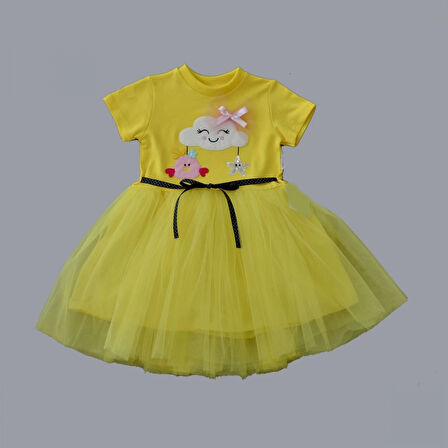 1-2-3 Yaş Tül Tokalı Bulut Civciv Ve Yıldız Nakışlı Kız Bebek Elbisesi Sarı
