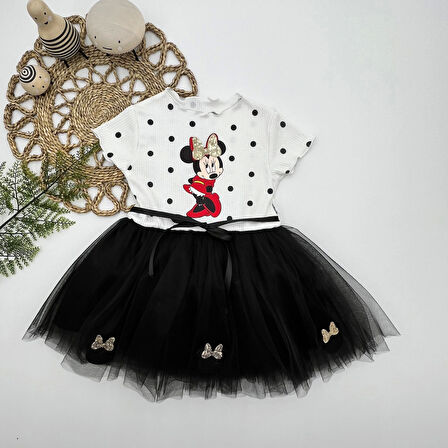 2-3-4 Yaş Puantiyeli Mickey Baskılı Kurdela Kuşaklı Astarlı Kız Bebek Tütü Elbisesi Siyah