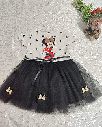 2-3-4 Yaş Puantiyeli Mickey Baskılı Kurdela Kuşaklı Astarlı Kız Bebek Tütü Elbisesi Siyah
