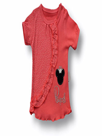 3-6 6-9 9-12 12-18 Ay Princess Taçlı Mickey Nakışlı Şort Tişört 3lü Kız Bebek Takımı Nar Çiçeği