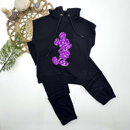 3-4-5 Yaş Kapşonlu Payetli Mickey Desenli Kısa Kol 2li Kız Erkek Çocuk Takımı Siyah