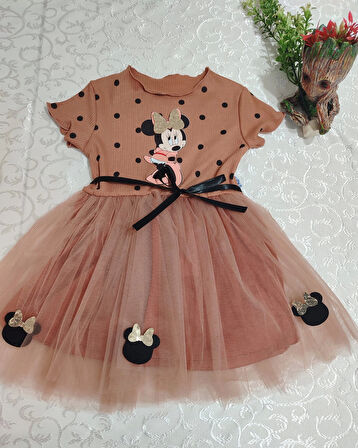 2-3-4 Yaş Puantiyeli Mickey Baskılı Kurdela Kuşaklı Astarlı Kız Bebek Tütü Elbisesi Kahverengi