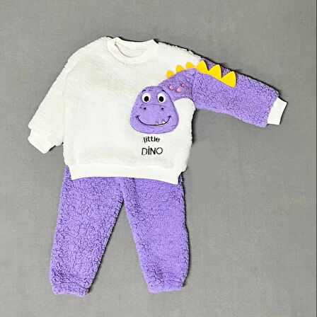 1-2-3 Yaş Minik Dino Kollu Kuzu Kumaş Sweat Pantolon Uzun Kollu Kız Erkek 2 Li Takımı Lila