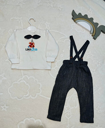 9-12-18 Ay Papyonlu Sweat Kot Pantolon 2li Erkek Bebek Salopet Takımı Gri