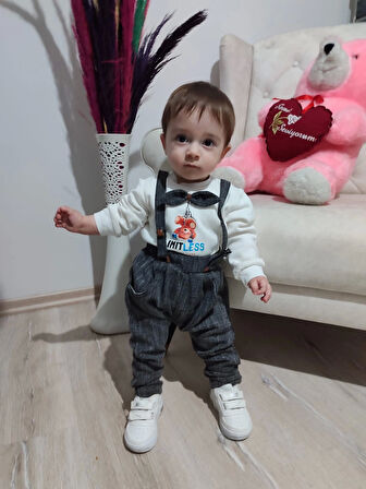 9-12-18 Ay Papyonlu Sweat Kot Pantolon 2li Erkek Bebek Salopet Takımı Gri