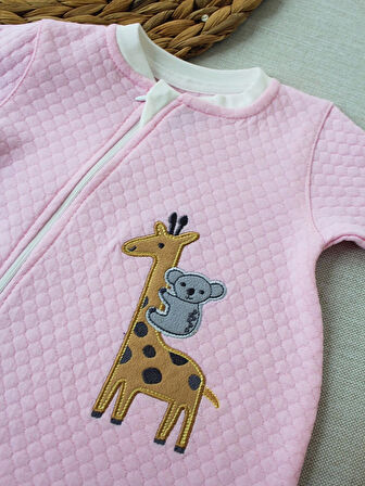 6-9 12-18 18-24 24-36 Ay Animal Nakışlı Bal Peteği Kumaş Es Fermuarlı Kız Bebek Tulumu Pembe