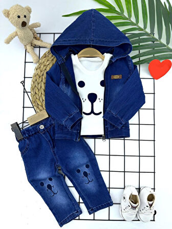 9-12-18-24 Ay Kot Kumaş Kapşonlu Uzun Kol Sweatli Kot Kumaş 3lü Erkek Bebek Takımı Mavi