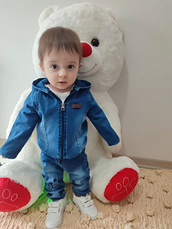 9-12-18-24 Ay Kot Kumaş Kapşonlu Uzun Kol Sweatli Kot Kumaş 3lü Erkek Bebek Takımı Mavi