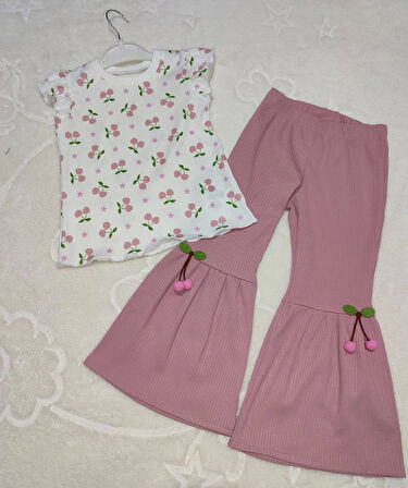 1-2-3-4 Yaş Kiraz Baskılı Tişört İspanyol Paçalı Likralı 2li Kız Çocuk Takımı Gül Kurusu