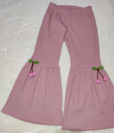 1-2-3-4 Yaş Kiraz Baskılı Tişört İspanyol Paçalı Likralı 2li Kız Çocuk Takımı Gül Kurusu