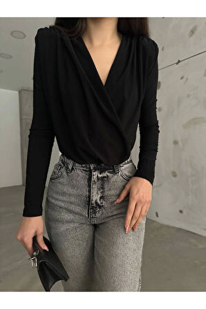 Siyah Kruvaze Yaka Vatkalı Bodysuit