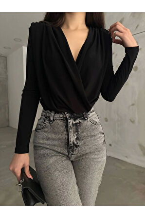 Siyah Kruvaze Yaka Vatkalı Bodysuit