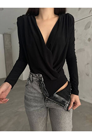 Siyah Kruvaze Yaka Vatkalı Bodysuit