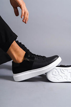 SLW155 Warrior Bağcıklı ve Fermuarlı Cilt Süet Erkek Günlük Sneaker Ayakkabı CSBT - Siyah