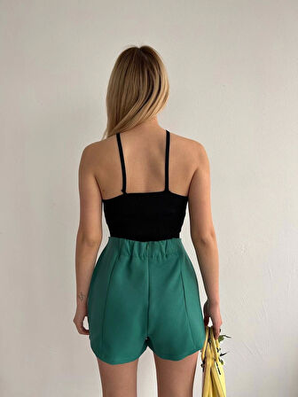 Çift yırtmaçlı atlas şort etek yeşil s240364