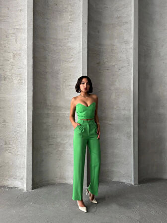 Palazzo pantolonlu alt üst takım yeşil