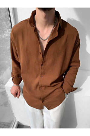 Erkek Oversize Uzun Kollu Yazlık Keten Gömlek