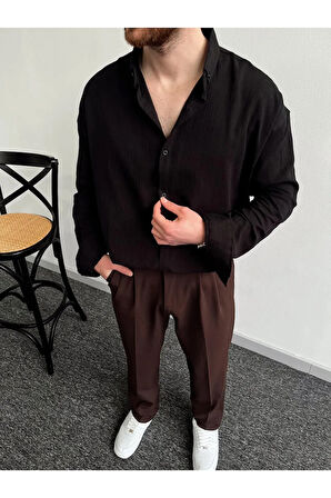 Erkek Oversize Uzun Kollu Yazlık Keten Gömlek