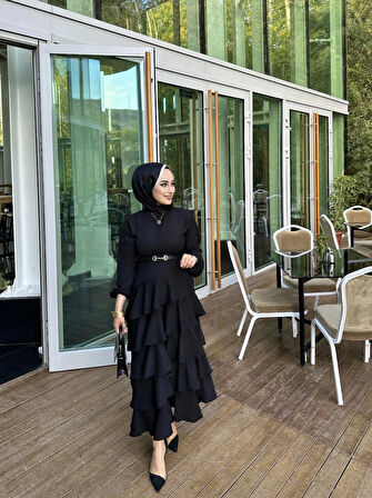 Siyah Asimetrik Katlı Elbise