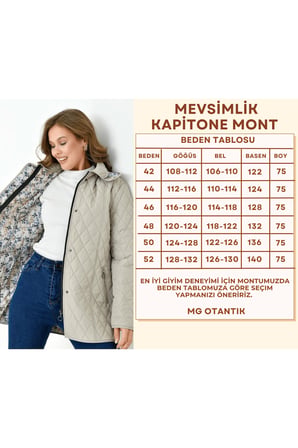 Kadın Büyük Beden Kapüşonlu İçi Desenli Fermuarlı Çıtçıtlı Kapitone Kaban Mont